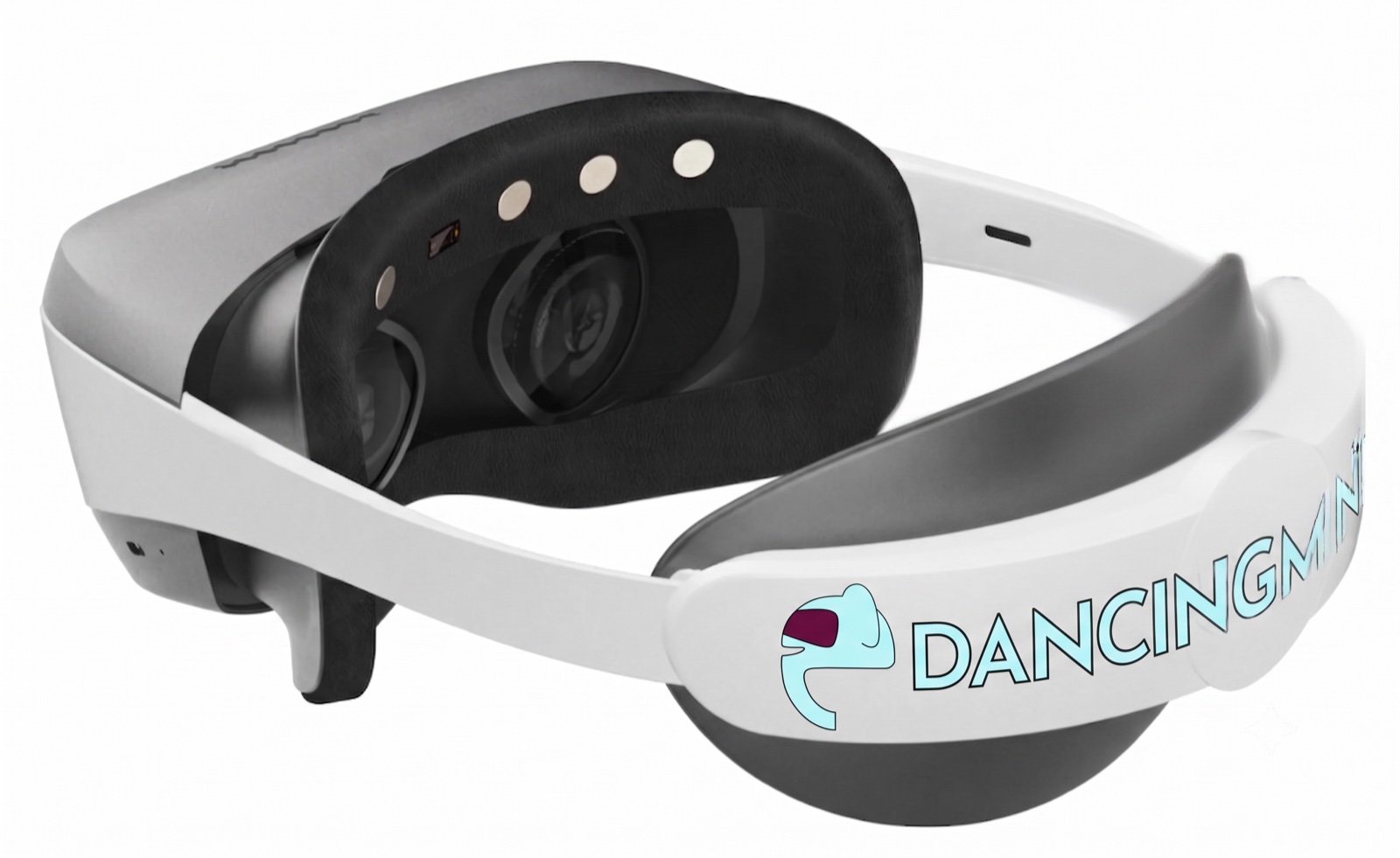 The DancingMind BCI and VR integrated headset: EEG sensor contacts line the face cushion, and the DancingMind logo runs across the rear head strap
