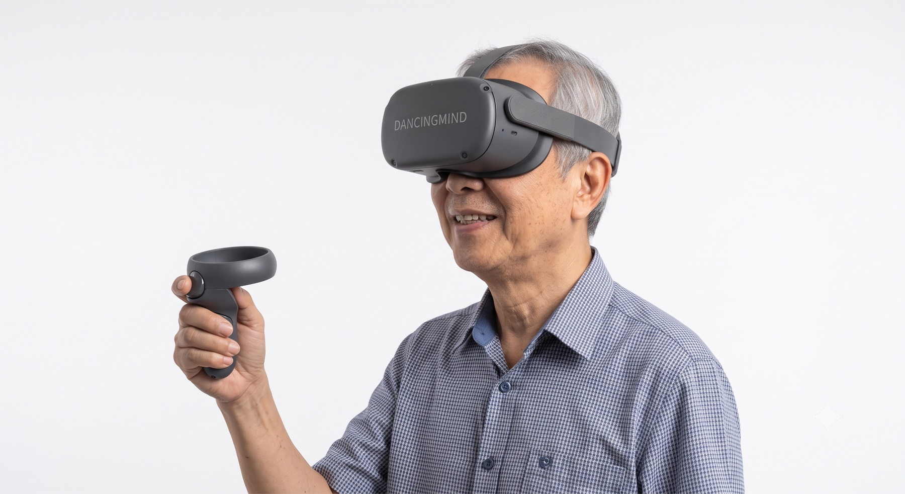 An elderly man in side profile wearing a DancingMind VR headset, raising a controller in one hand
