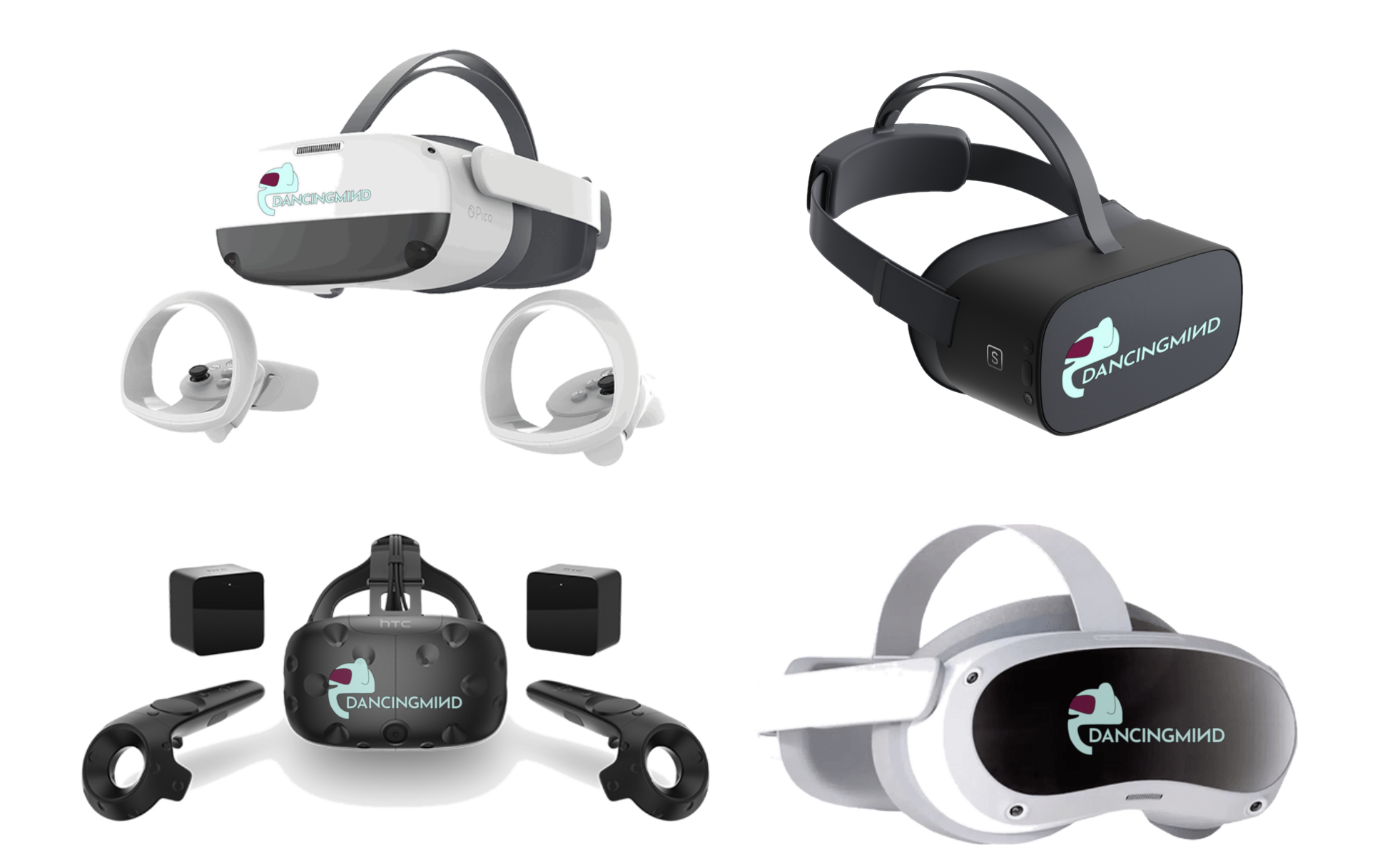 A set of white DancingMind standalone VR headsets