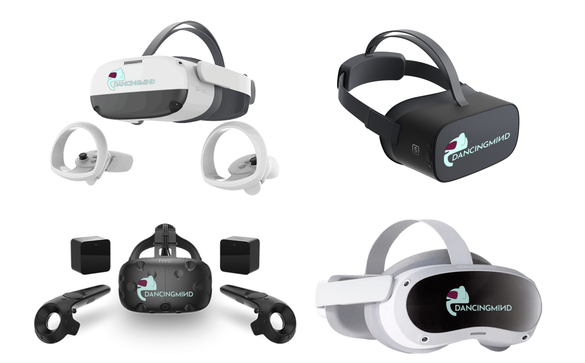 A set of white DancingMind standalone VR headsets