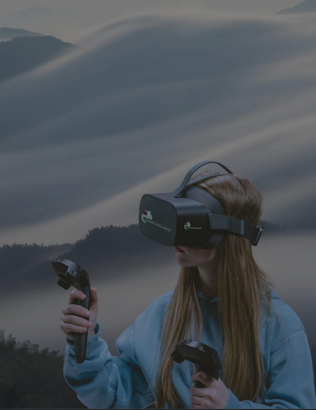 A woman wearing a DancingMind VR headset, holding motion controllers